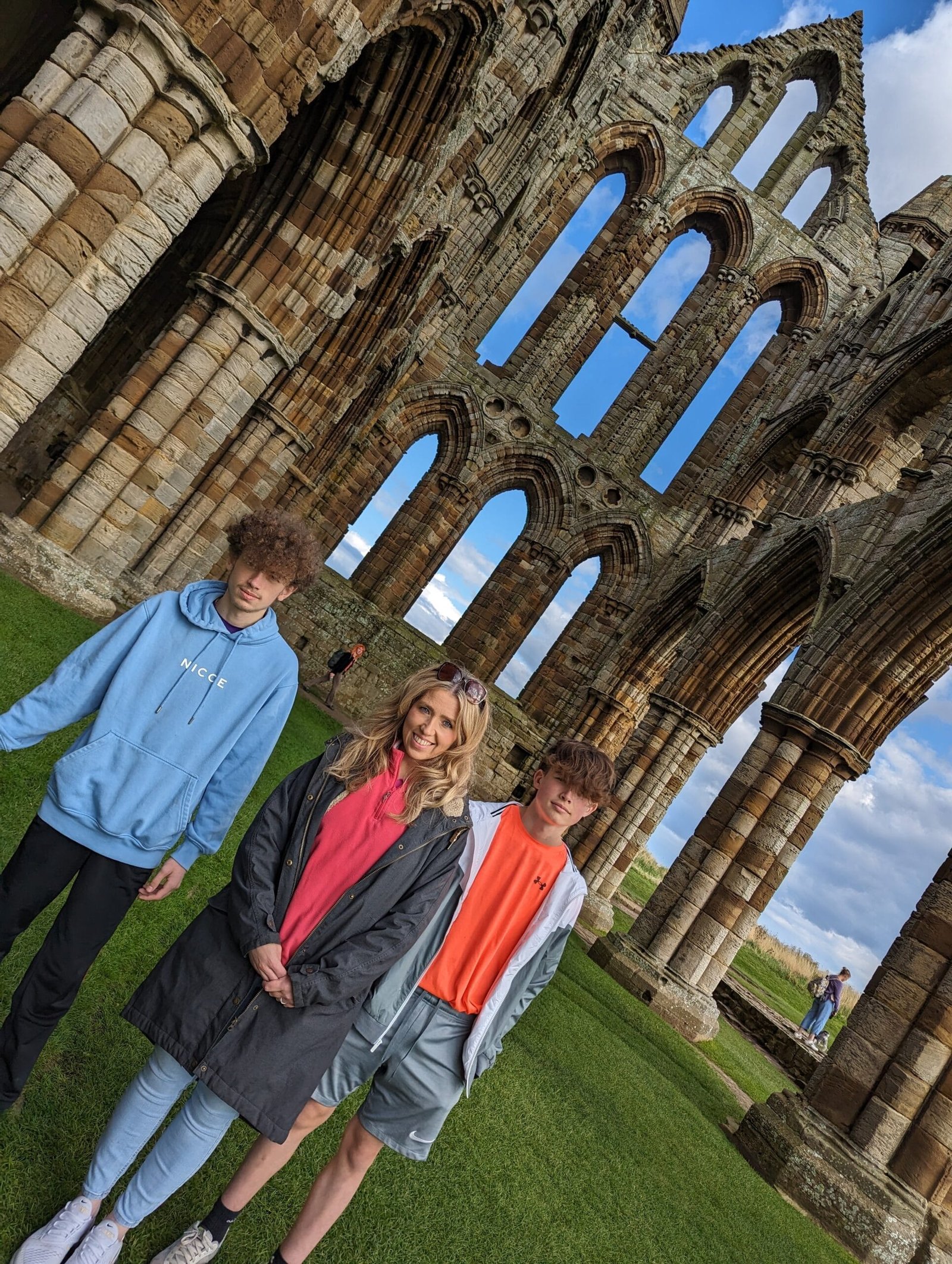 Gothic stone arches at Whitby Abbey on the Yorkshire coast