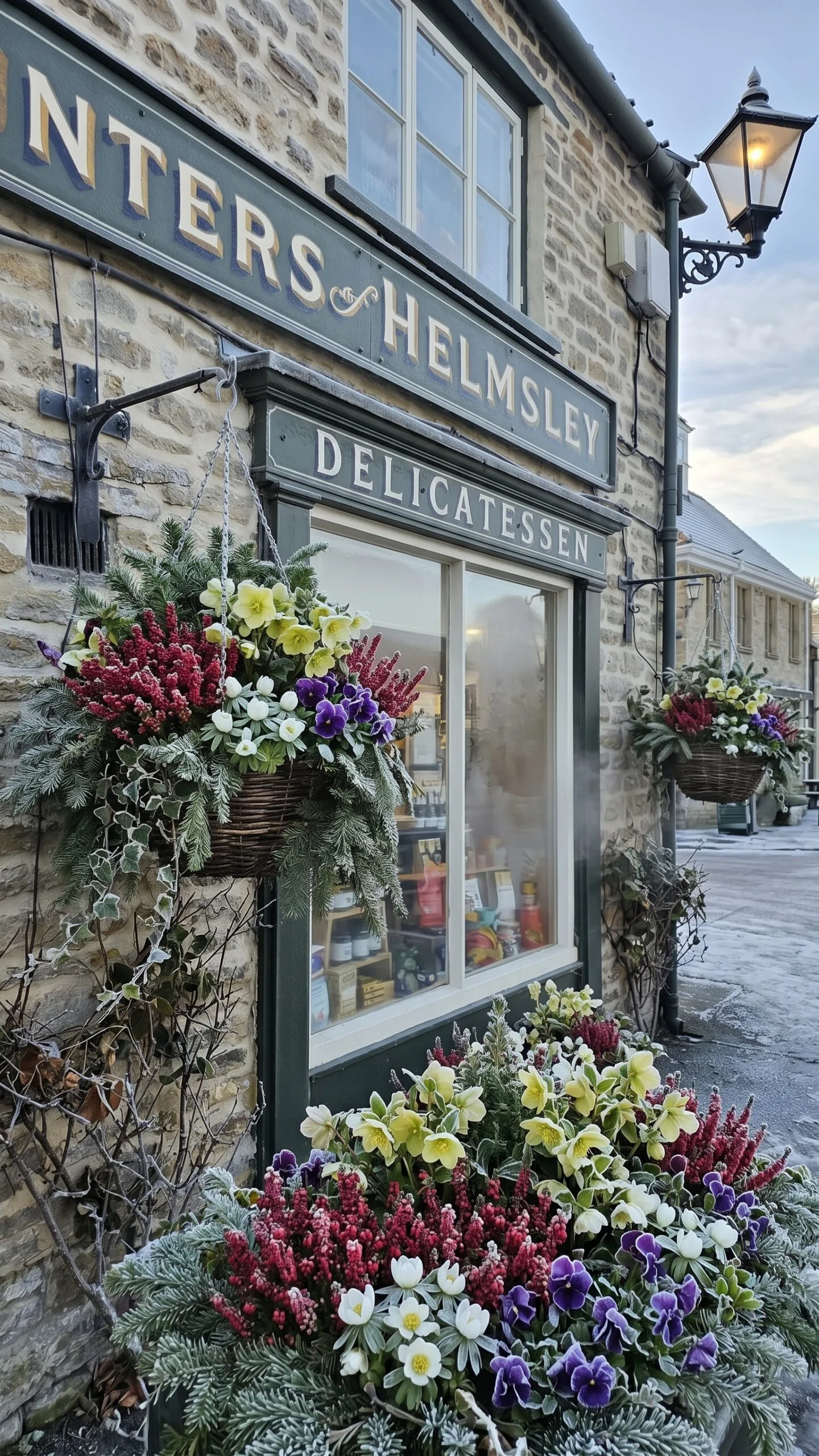 Festive flowers outside a traditional shop in Helmsley